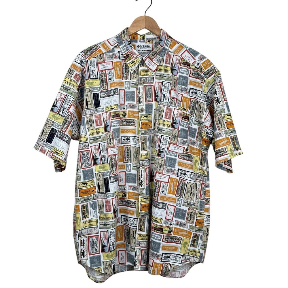 Columbia Vintage Fishing Shirt XL Ticket Print Short Sleeve Cotton 90s Gorpcore